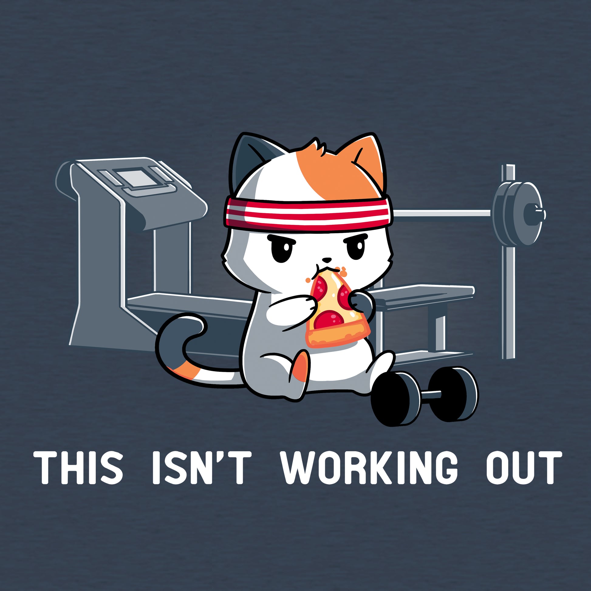 Classic Cotton T-shirt_Teeturtle This Isn't Working Out heather navy t-shirt featuring a cat wearing a headband, eating pizza in a gym with exercise equipment in the background. The text "This Isn't Working Out" is written below.