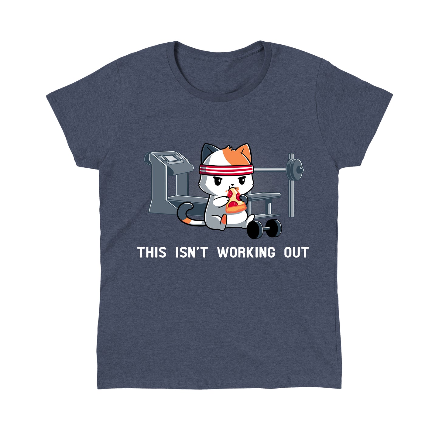 Classic Cotton T-shirt_Teeturtle This Isn't Working Out heather navy t-shirt featuring a cat wearing a headband, eating pizza in a gym with exercise equipment in the background. The text "This Isn't Working Out" is written below.