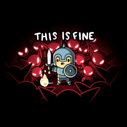 Classic Cotton T-shirt_TeeTurtle This is Fine black t-shirt featuring a knight in armor standing with a sword and shield next to a small fire, surrounded by red-eyed creatures. Text above reads "THIS IS FINE." 