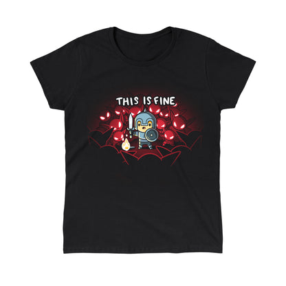 Classic Cotton T-shirt_TeeTurtle This is Fine black t-shirt featuring a knight in armor standing with a sword and shield next to a small fire, surrounded by red-eyed creatures. Text above reads "THIS IS FINE." 