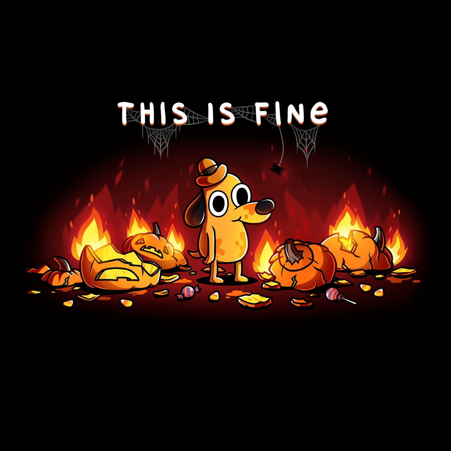 Long Sleeve T-shirt_TeeTurtle black This is Fine (Pumpkins) apparel featuring Question Hound from KC Green surrounded by pumpkins on fire with the caption, “This is Fine“.