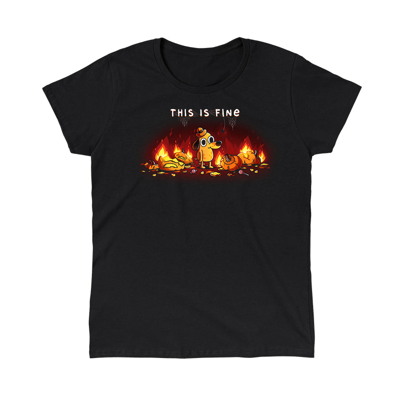 Classic Cotton T-shirt_TeeTurtle black This is Fine (Pumpkins) apparel featuring Question Hound from KC Green surrounded by pumpkins on fire with the caption, “This is Fine“.
