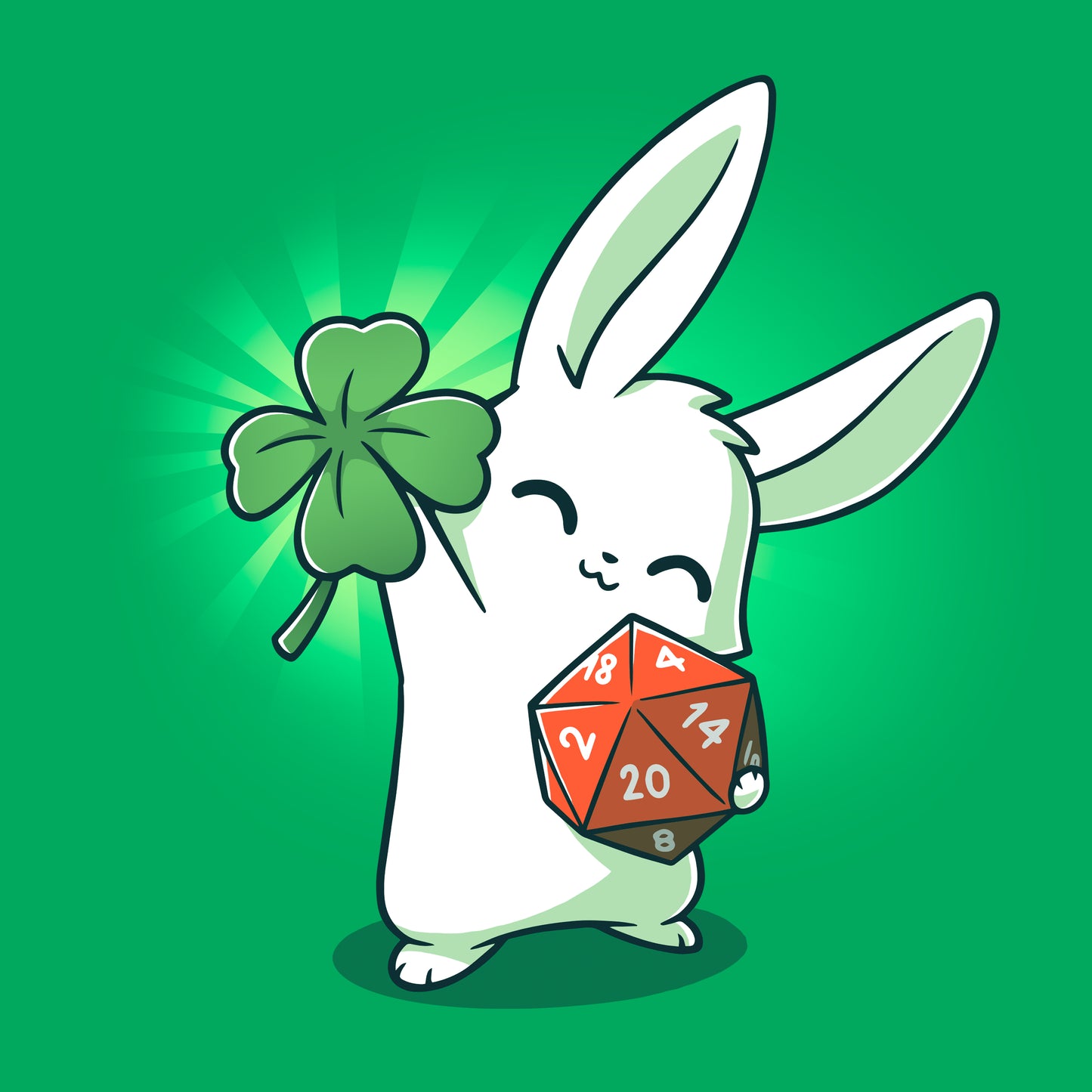 Classic Cotton T-shirt_Teeturtle This is My Lucky Shirt Irish green  t-shirt featuring a white rabbit smiling with its' eyes closed holding up a four leaf clover in one paw while gripping a D20 dice in the other.