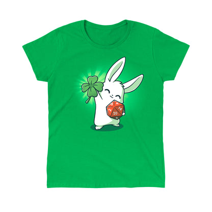 Classic Cotton T-shirt_Teeturtle This is My Lucky Shirt Irish green  t-shirt featuring a white rabbit smiling with its' eyes closed holding up a four leaf clover in one paw while gripping a D20 dice in the other.