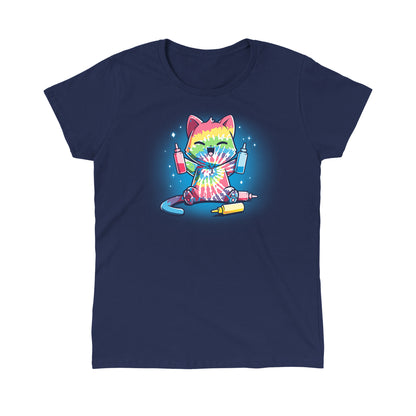 Classic Cotton T-shirt_TeeTurtle navy blue Tie-Dye Cat. Featuring a cat that's dyed itself in a tie-dye pattern.