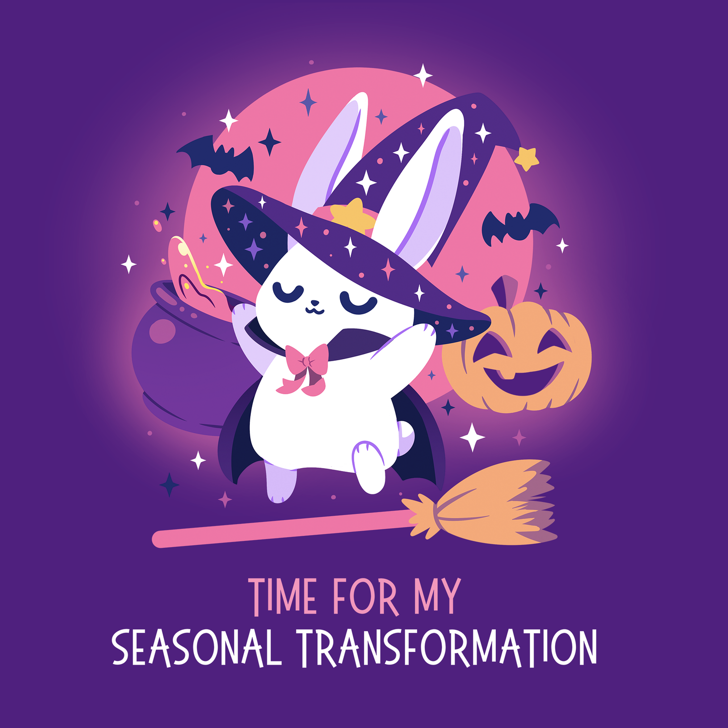 Classic Cotton T-shirt_TeeTurtle purple Time For My Seasonal Transformation apparel featuring a white bunny wearing a sparkling purple witch hat and cloak on top of a flying broom with a cauldron, bats, jack-o'-lantern, and the full red moon in the background.