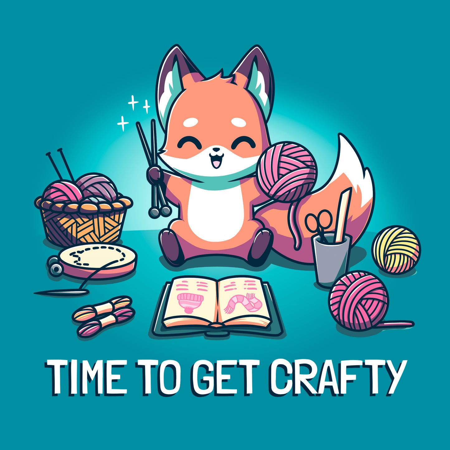 Classic Cotton T-shirt_TeeTurtle Time To Get Crafty Tropical Blue t-shirt featuring an artistic happy fox holding yarn and crochet hooks surrounded by various crafting supplies.