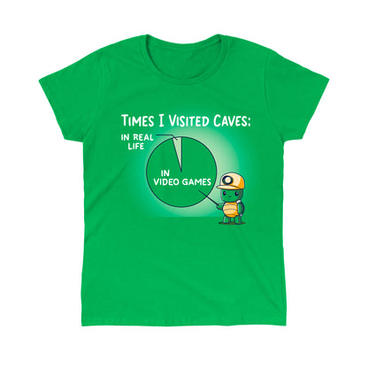 Classic Cotton T-shirt_Teeturtle Times I Visited Caves Irish green t-shirt featuring a cute turtle in a miner's helmet pointing to a pie chart reading 'Times I Visited Caves' with 'In Real Life' as a small part of the chart and 'In Video Games' as the much larger part of the chart.