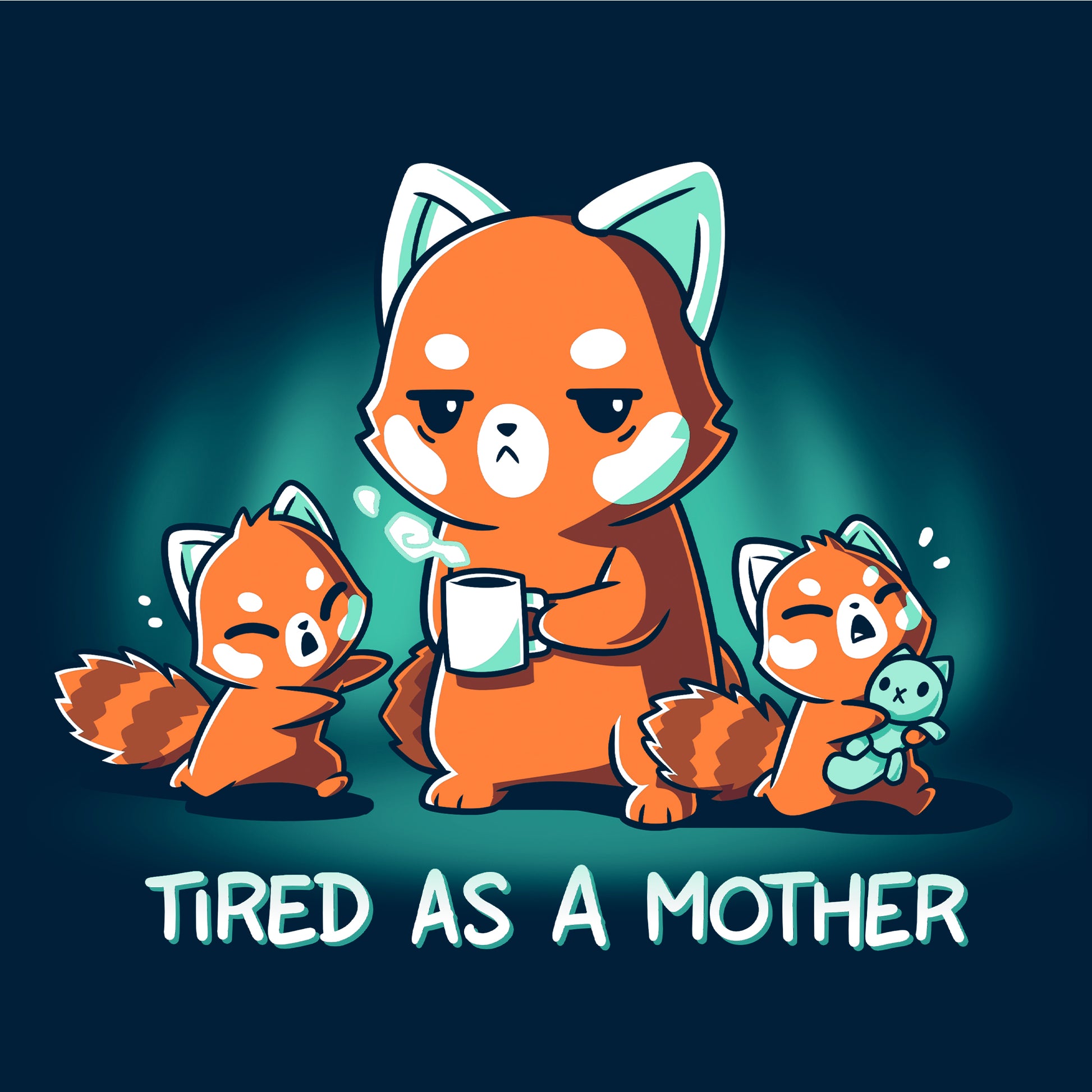 Long Sleeve T-shirt_TeeTurtle navy blue Tired As a Mother. Featuring a tired red panda mother holding a cup of coffee with two crying red panda cubs.