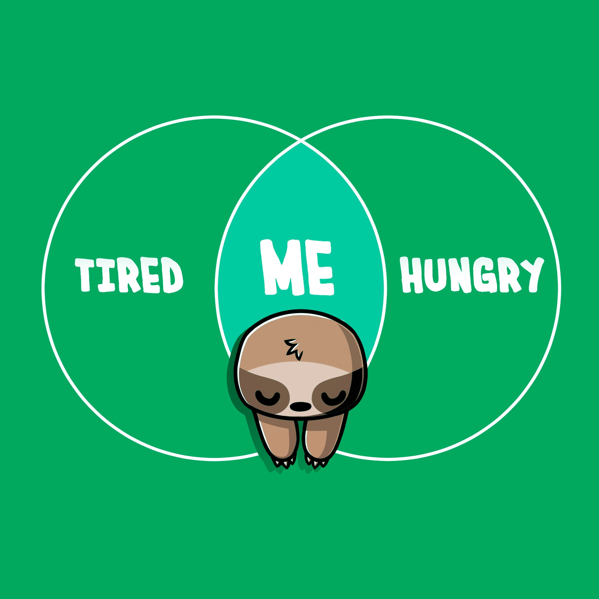 Classic Cotton T-shirt_Teeturtle Tired and Hungry Always Irish green t-shirt featuring a cartoon sloth in the middle of a double circle graph with 'Tired' on one side, 'Hungry' on the other and 'Me' in the middle.