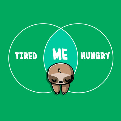 Classic Cotton T-shirt_Teeturtle Tired and Hungry Always Irish green t-shirt featuring a cartoon sloth in the middle of a double circle graph with 'Tired' on one side, 'Hungry' on the other and 'Me' in the middle.