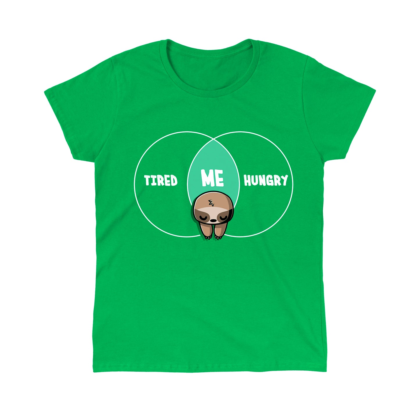 Classic Cotton T-shirt_Teeturtle Tired and Hungry Always Irish green t-shirt featuring a cartoon sloth in the middle of a double circle graph with 'Tired' on one side, 'Hungry' on the other and 'Me' in the middle.