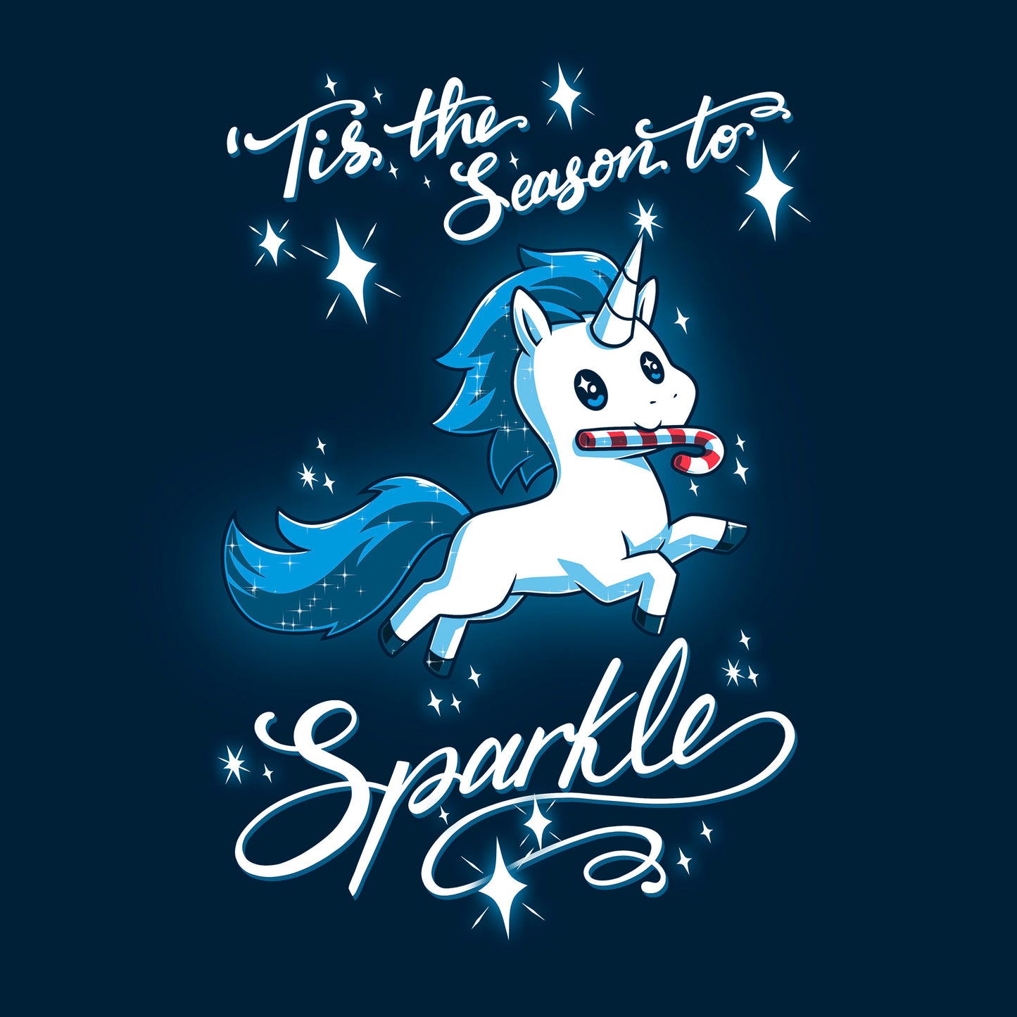 Long Sleeve T-shirt_TeeTurtle navy blue 'Tis The Season To Sparkle apparel featuring a leaping unicorn with a candy cane in its mouth surrounded by sparkles, with the caption, “'Tis The Season To Sparkle“.