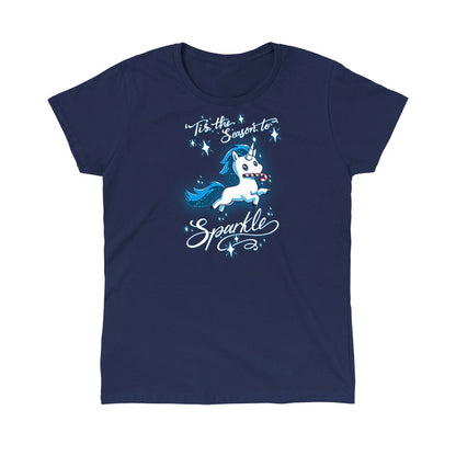 Classic Cotton T-shirt_TeeTurtle navy blue 'Tis The Season To Sparkle apparel featuring a leaping unicorn with a candy cane in its mouth surrounded by sparkles, with the caption, “'Tis The Season To Sparkle“.