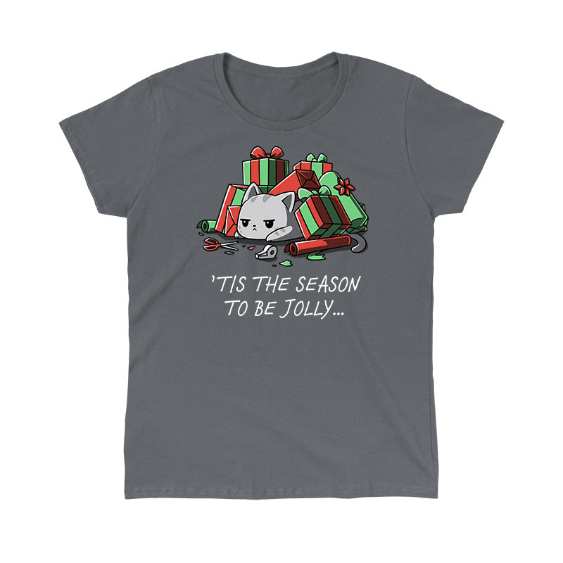 Classic Cotton T-shirt_TeeTurtle Tis The Season To Be Jolly charcoal grey t-shirt featuring a cat among unwrapped gifts, wrapping paper, ribbon, and scissors.
