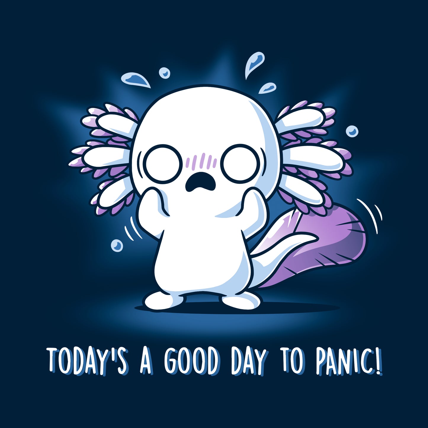 Classic Cotton T-shirt_TeeTurtle Today's a Good Day to Panic! navy blue shirt featuring an anxious axolotl with a panicked expression, standing with its hands up and sweating.