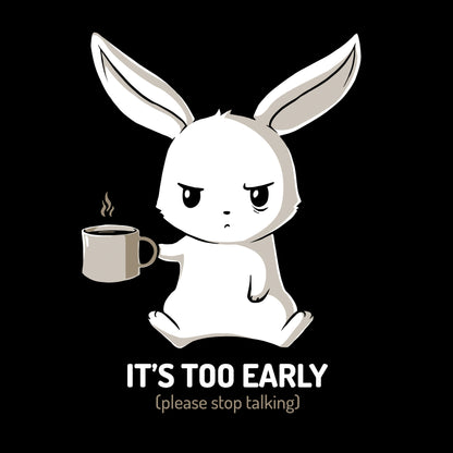 Crew Neck Sweatshirt_TeeTurtle black Too Early. Featuring a grumpy bunny holding a cup of coffee.