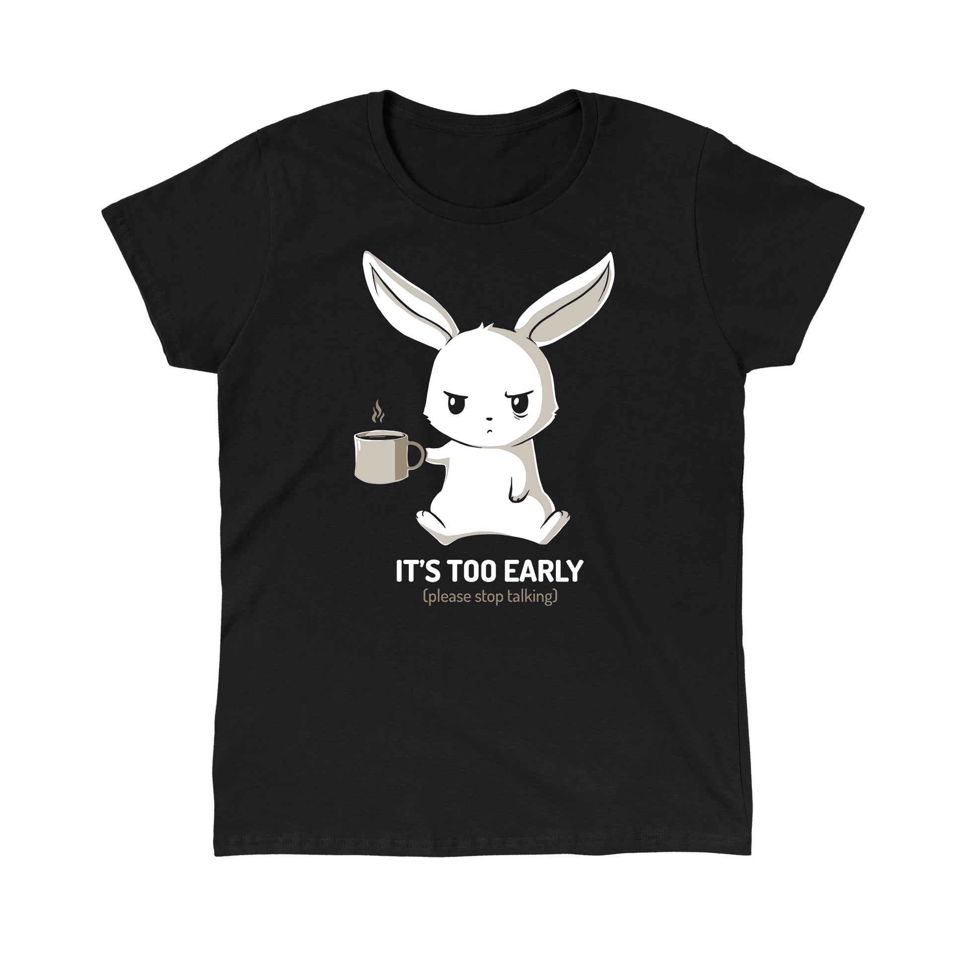 Classic Cotton T-shirt_TeeTurtle black Too Early. Featuring a grumpy bunny holding a cup of coffee.