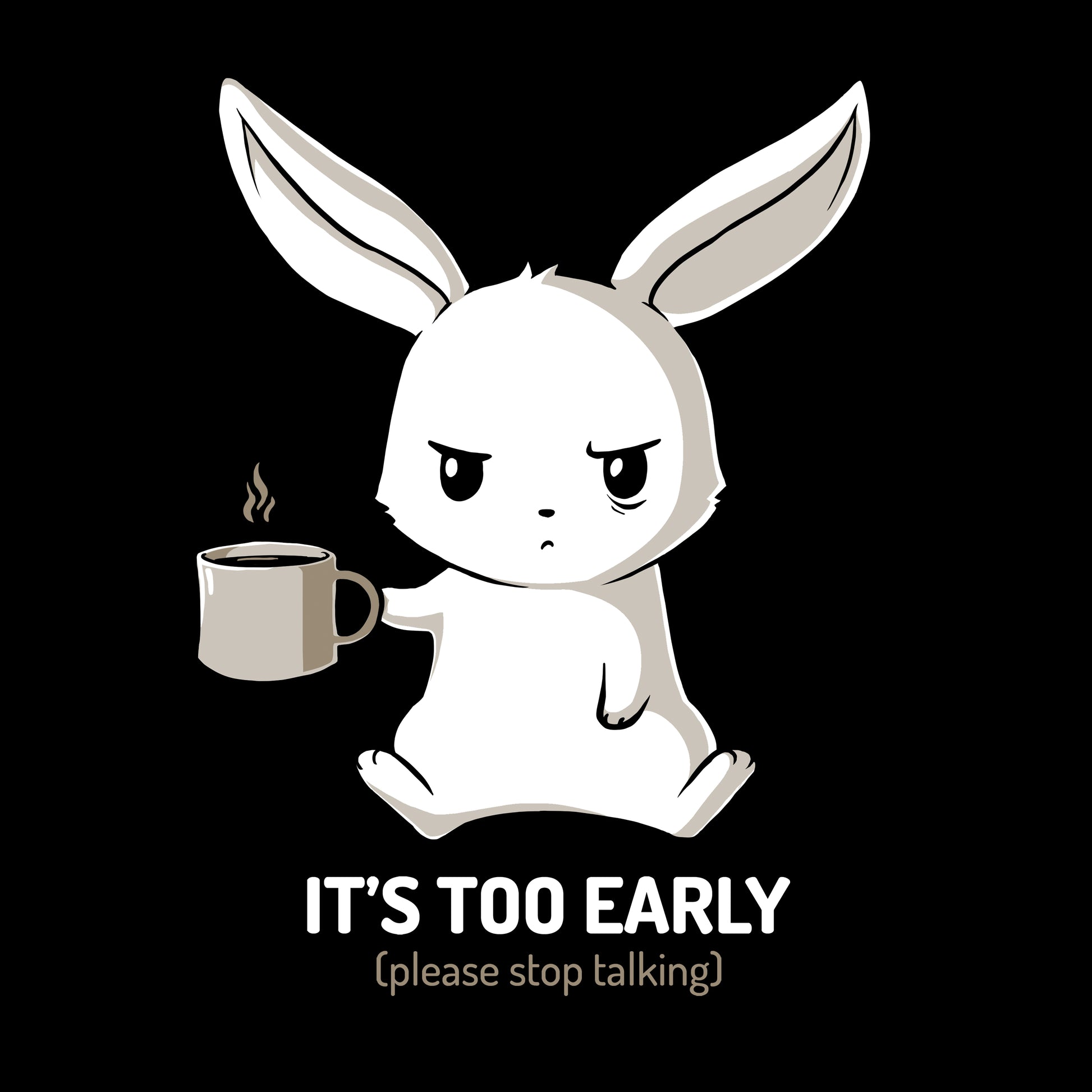 Long Sleeve T-shirt_TeeTurtle black Too Early. Featuring a grumpy bunny holding a cup of coffee.