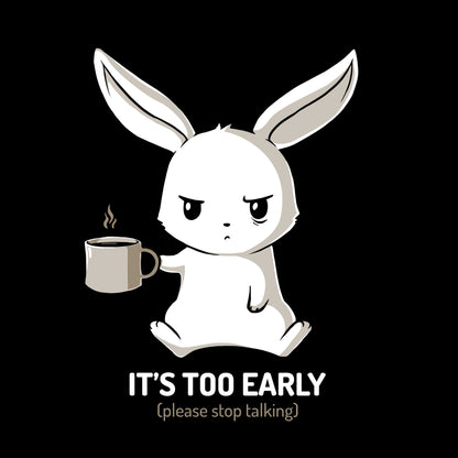 Long Sleeve T-shirt_TeeTurtle black Too Early. Featuring a grumpy bunny holding a cup of coffee.