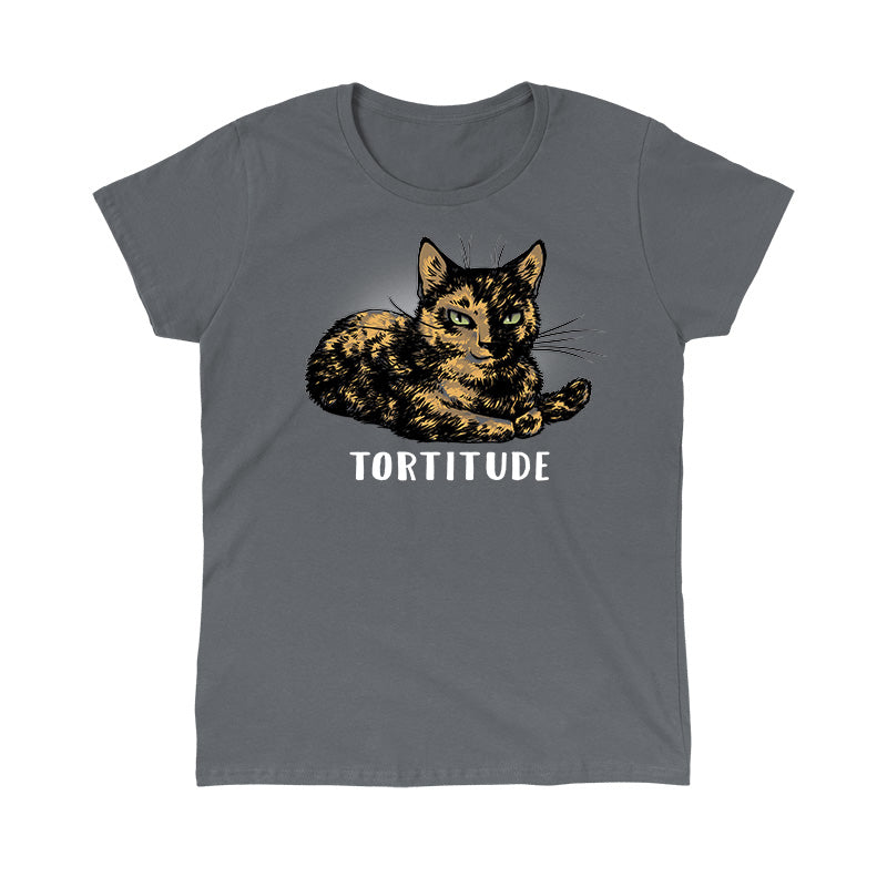 Classic Cotton T-shirt_TeeTurtle Tortitude. charcoal gray t-shirt featuring a tortoiseshell cat with its paws crossed smiling.