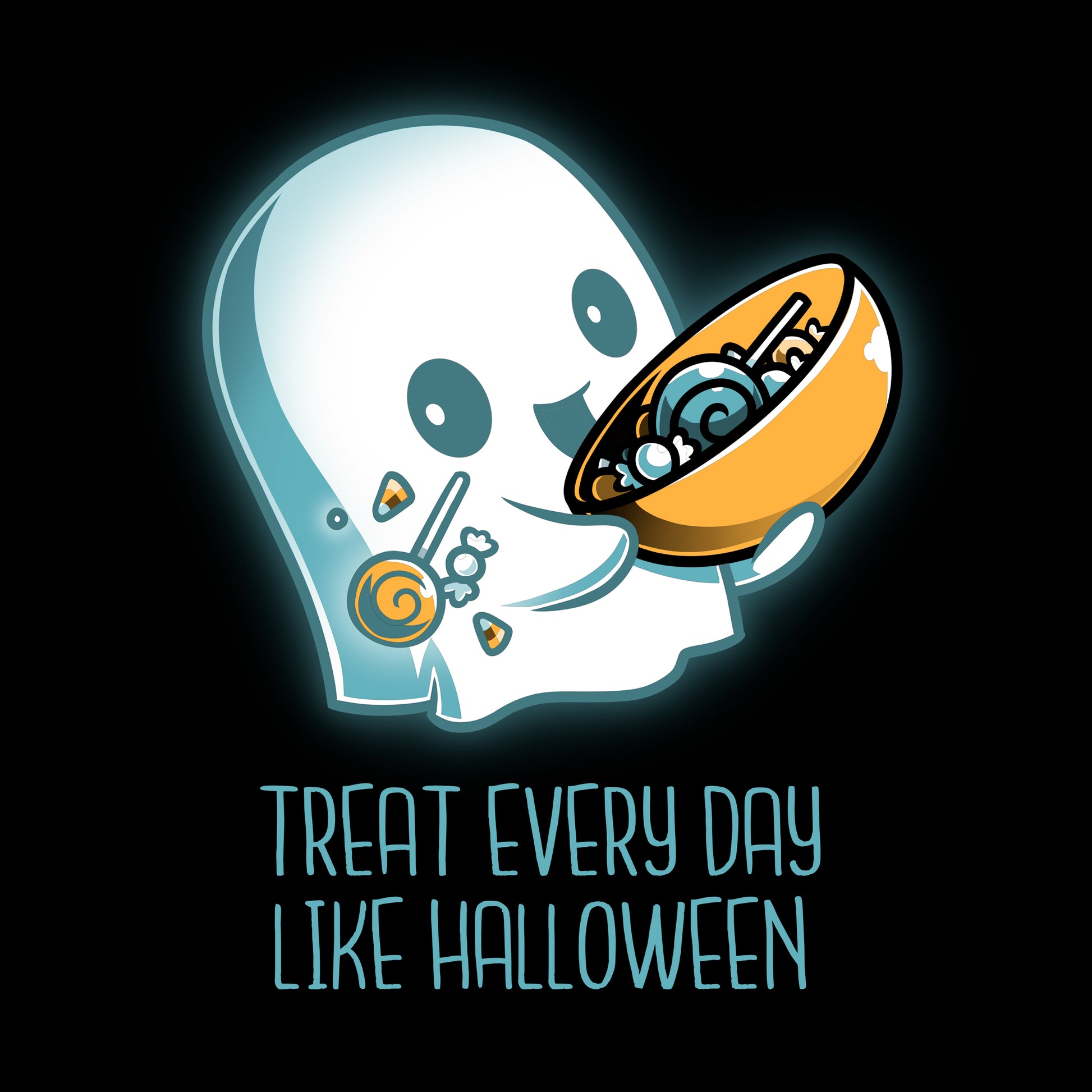 Classic Cotton T-shirt_Teeturtle Treat Every Day Like Halloween black t-shirt featuring a cute ghost with a bowl full of candy and the words 'Treat Every Day Like Halloween' beneath.