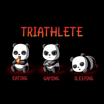 Long Sleeve T-shirt_TeeTurtle black Triathlete. Featuring a panda eating, a panda gaming, and a panda sleeping.