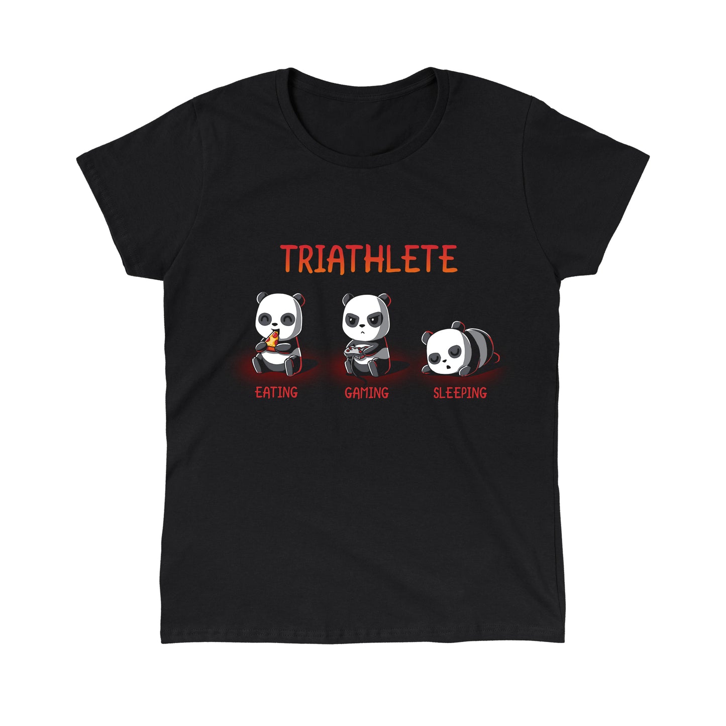 Classic Cotton T-shirt_TeeTurtle black Triathlete. Featuring a panda eating, a panda gaming, and a panda sleeping.