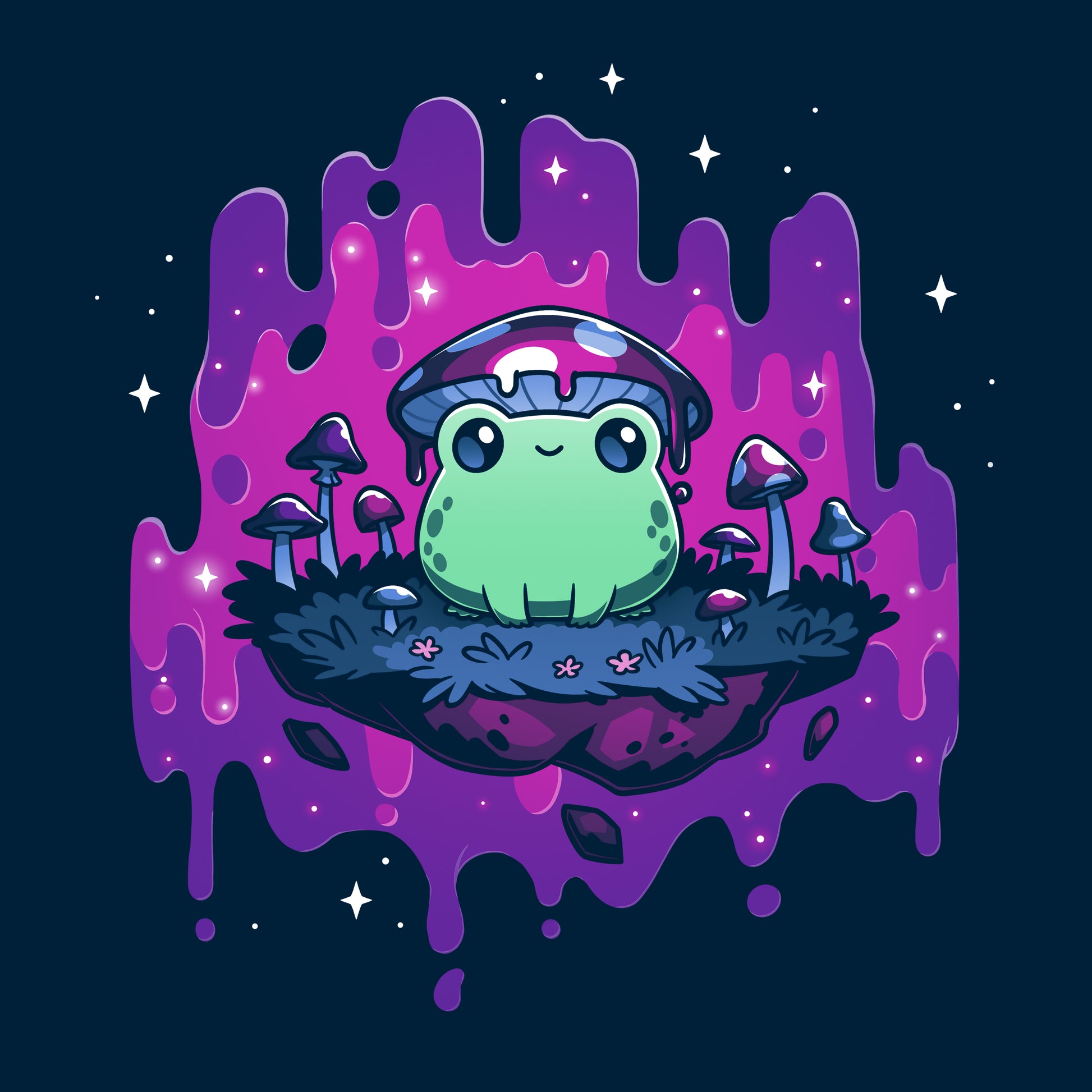 Long Sleeve T-shirt_TeeTurtle navy blue Trippy Toadstool apparel featuring a frog wearing a mushroom hat perched on a floating rock with a purple psychedelic dripping background surrounded by sparkles.