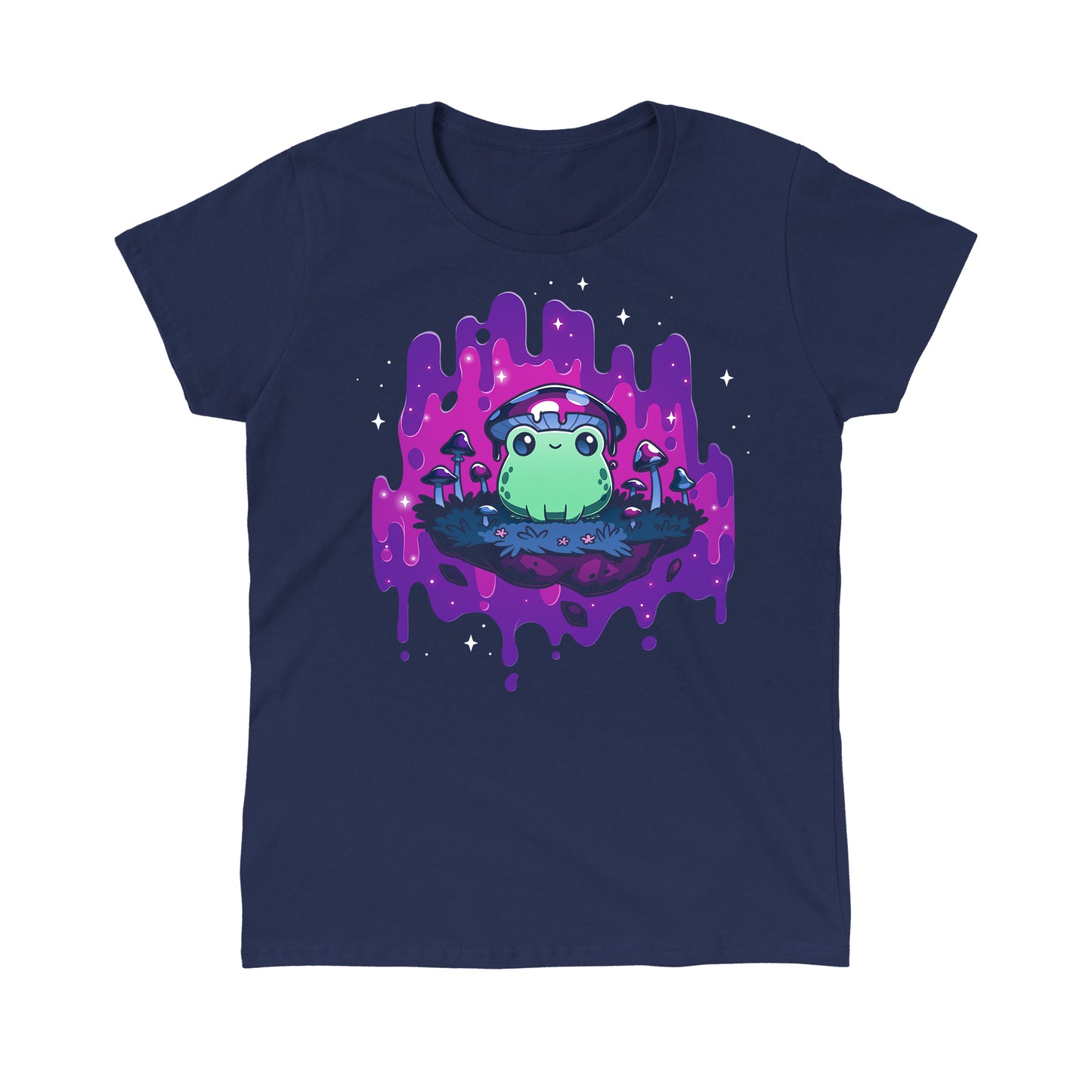 Classic Cotton T-shirt_TeeTurtle navy blue Trippy Toadstool apparel featuring a frog wearing a mushroom hat perched on a floating rock with a purple psychedelic dripping background surrounded by sparkles.