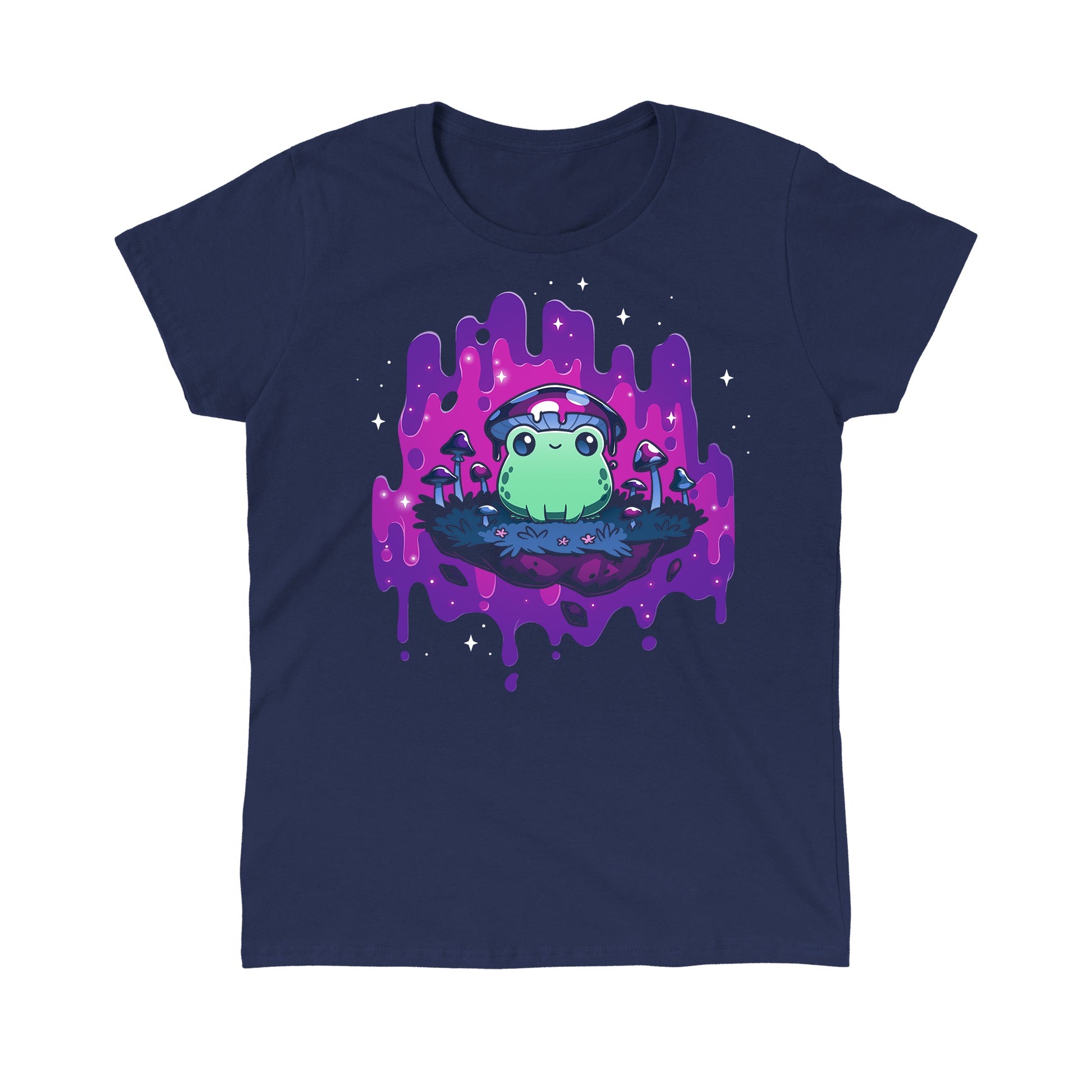 Classic Cotton T-shirt_TeeTurtle navy blue Trippy Toadstool apparel featuring a frog wearing a mushroom hat perched on a floating rock with a purple psychedelic dripping background surrounded by sparkles.