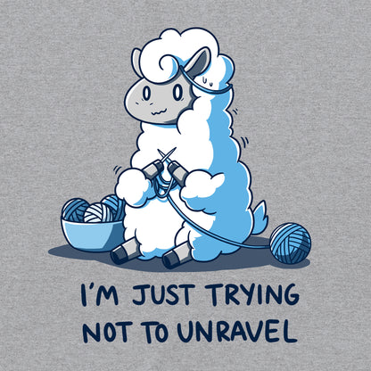 Classic Cotton T-shirt_Teeturtle Trying Not to Unravel Heather Gray Featuring a nervous-looking sheep knitting yarn set above the text 'I'm Just Trying Not To Unravel'