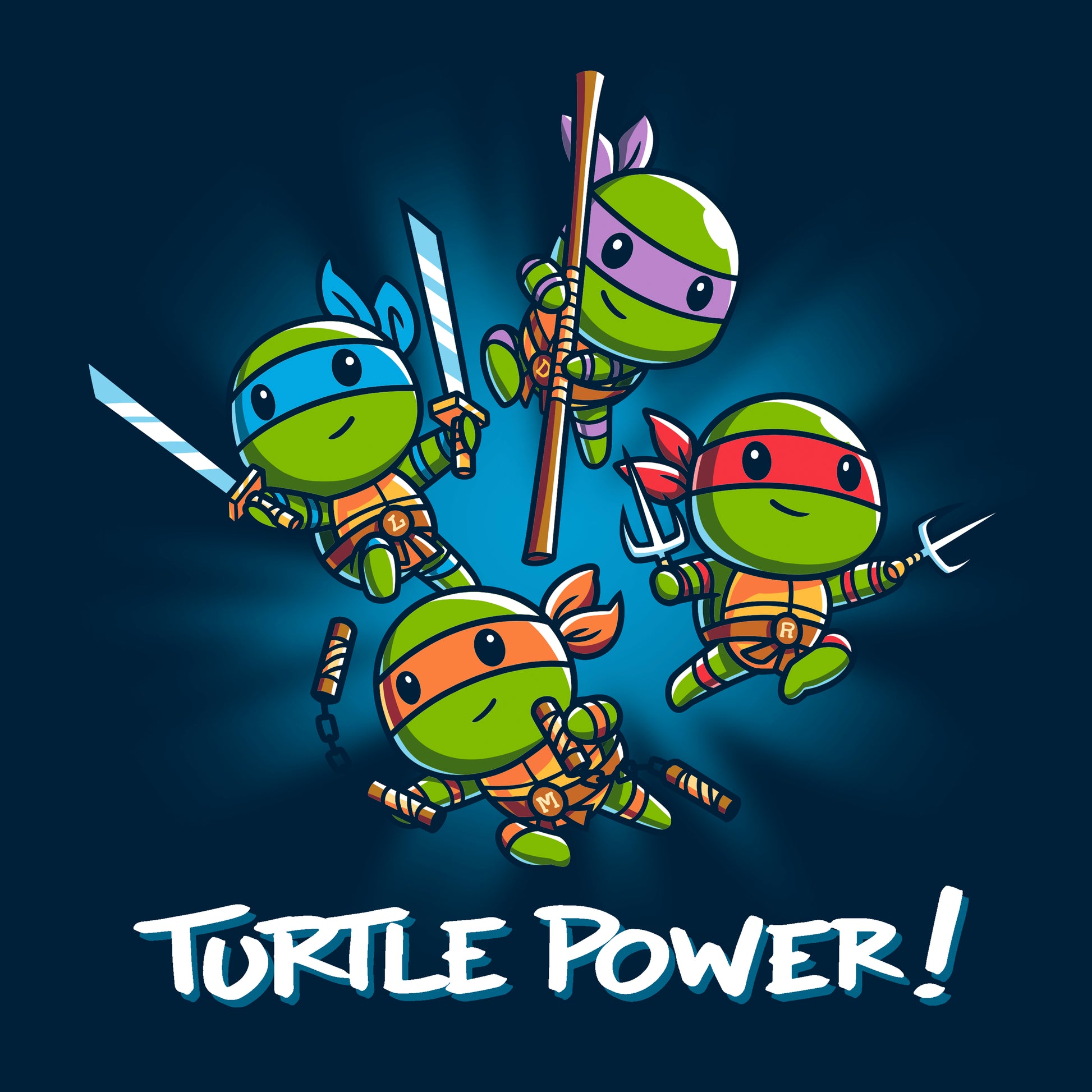 Pullover Hoodie_TeeTurtle navy blue Turtle Power apparel featuring Raphael, Leonardo, Michaelangelo, and Donatello with weapons drawn in dynamic leaping poses.