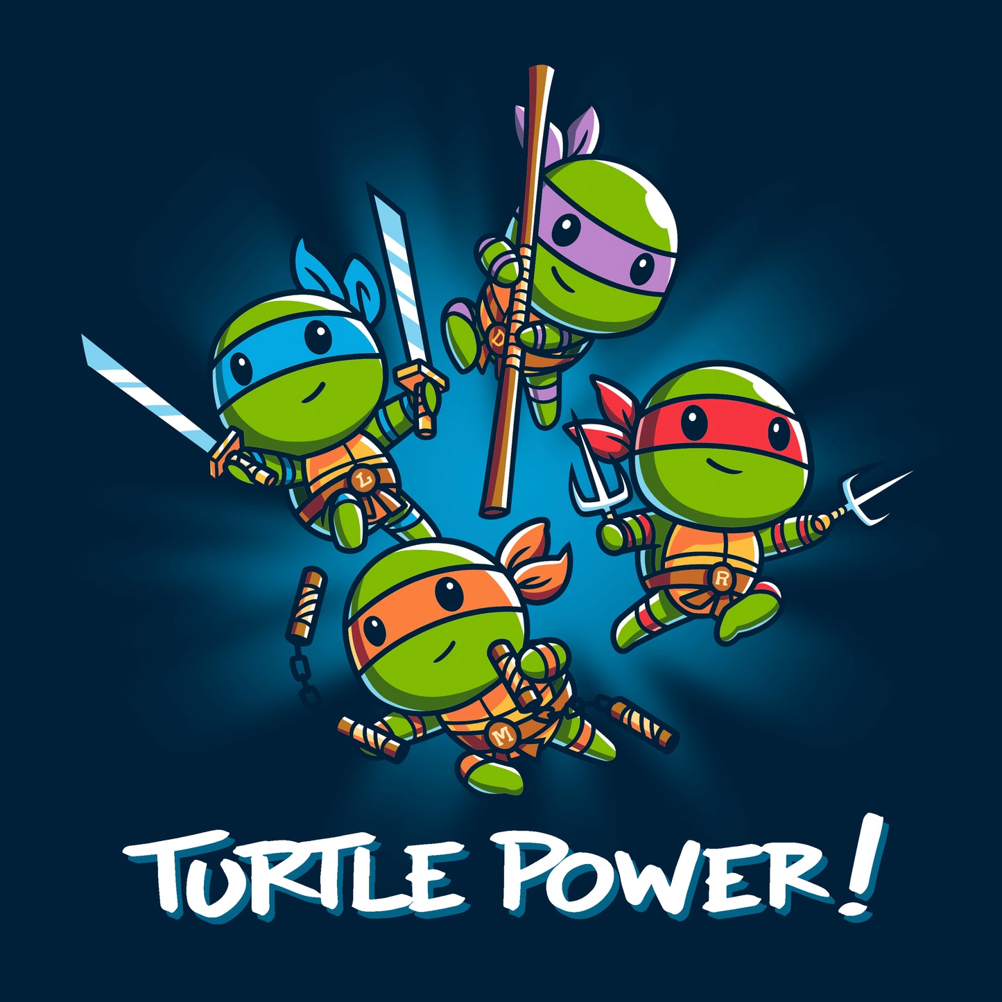 Crew Neck Sweatshirt_TeeTurtle navy blue Turtle Power apparel featuring Raphael, Leonardo, Michaelangelo, and Donatello with weapons drawn in dynamic leaping poses.