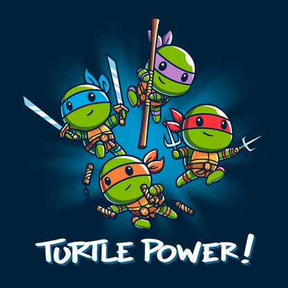 Crew Neck Sweatshirt_TeeTurtle navy blue Turtle Power apparel featuring Raphael, Leonardo, Michaelangelo, and Donatello with weapons drawn in dynamic leaping poses.