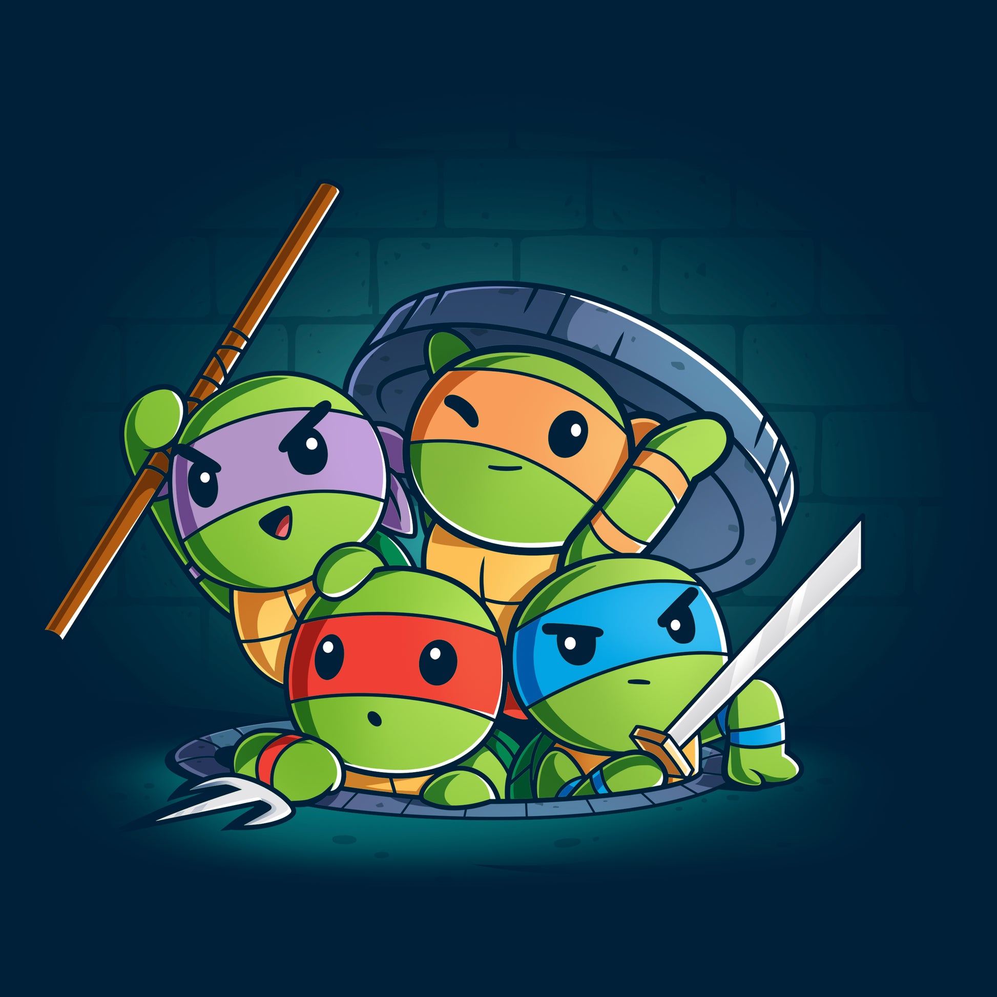 Crew Neck Sweatshirt_TeeTurtle navy blue Turtle Time! apparel featuring Raphael, Leonardo, Michelangelo, and Donatello climbing out of a manhole.
