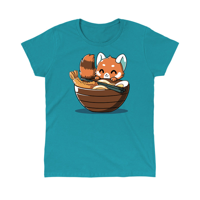 Classic Cotton T-shirt_TeeTurtle Udon Red Panda tropical blue t-shirt featuring a happy red panda peeking over the edge of a bowl of udon noodles with shrimp, egg and chopsticks.