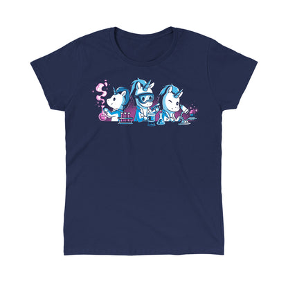 Classic Cotton T-shirt_TeeTurtle Unicorn Scientists navy blue t-shirt featuring three unicorns conducting science experiments with lab equipment with one handling test tubes, another looking into a microscope, and a third pouring chemicals into a flask with vapor.