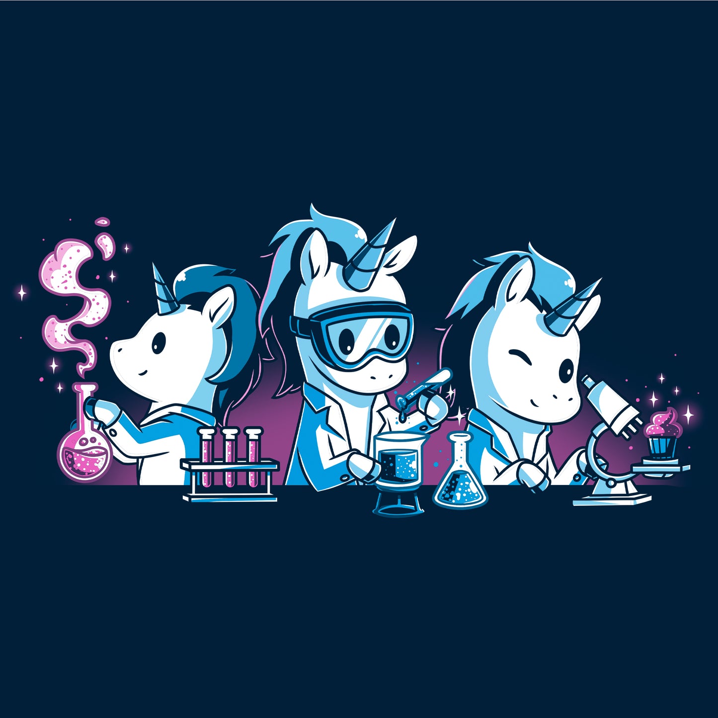 Crew Neck Sweatshirt_TeeTurtle Unicorn Scientists navy blue design featuring three unicorns conducting science experiments with lab equipment with one handling test tubes, another looking into a microscope, and a third pouring chemicals into a flask with vapor.