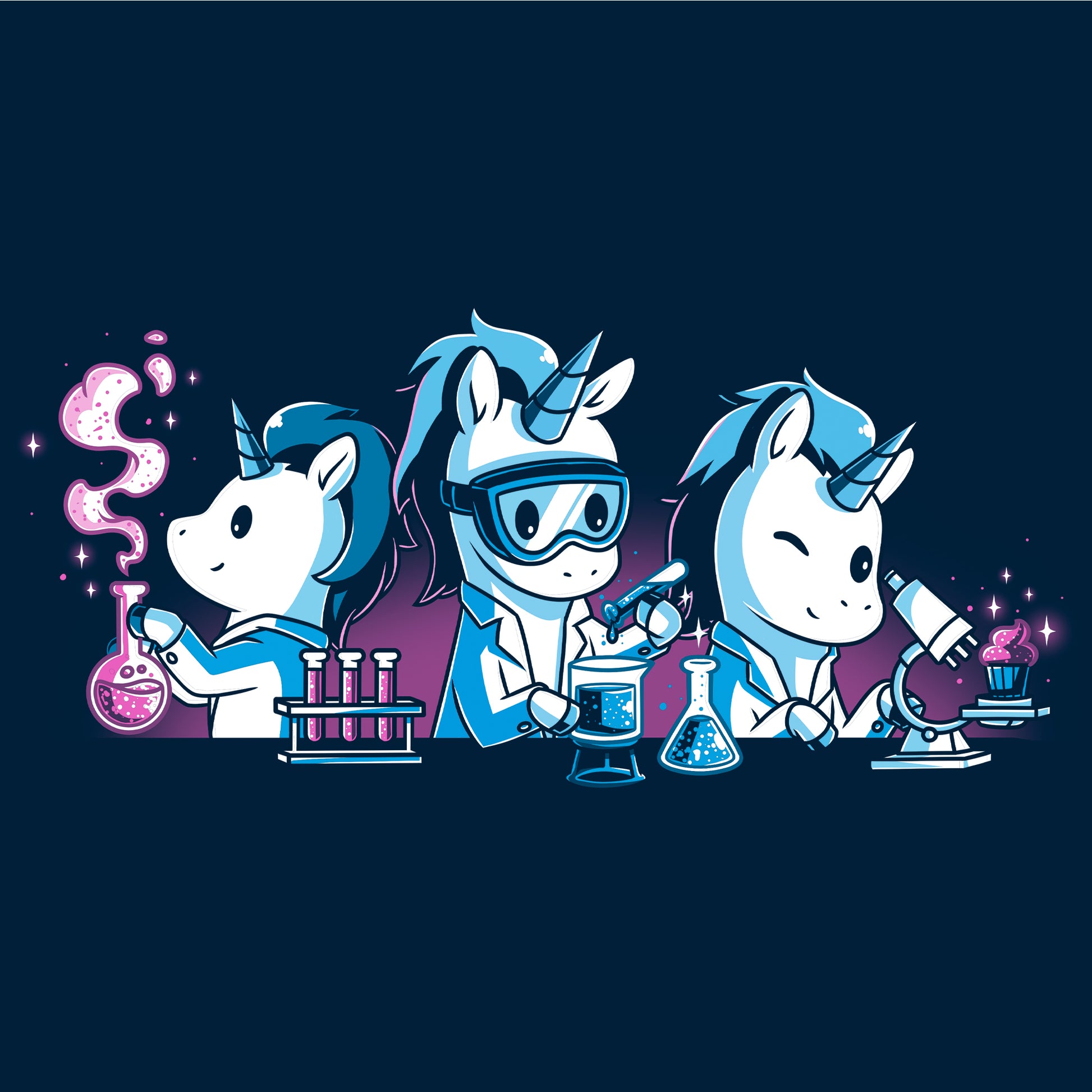 Crew Neck Sweatshirt_TeeTurtle Unicorn Scientists navy blue t-shirt featuring three unicorns conducting science experiments with lab equipment with one handling test tubes, another looking into a microscope, and a third pouring chemicals into a flask with vapor.