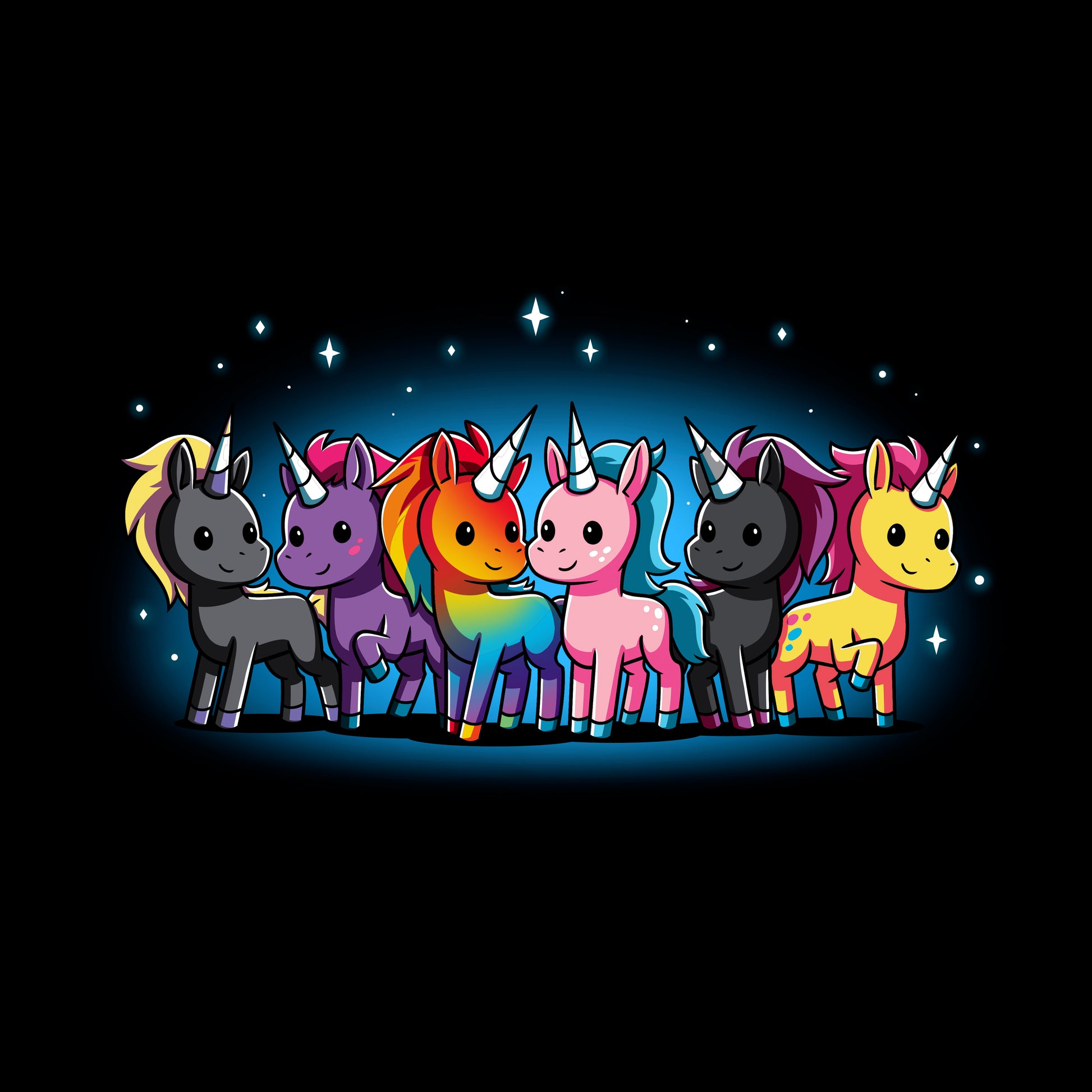 Classic Cotton T-shirt_TeeTurtle Unicorn Pride black t-shirt featuring pride unicorns of various colors representing LGBTQ+ communities.