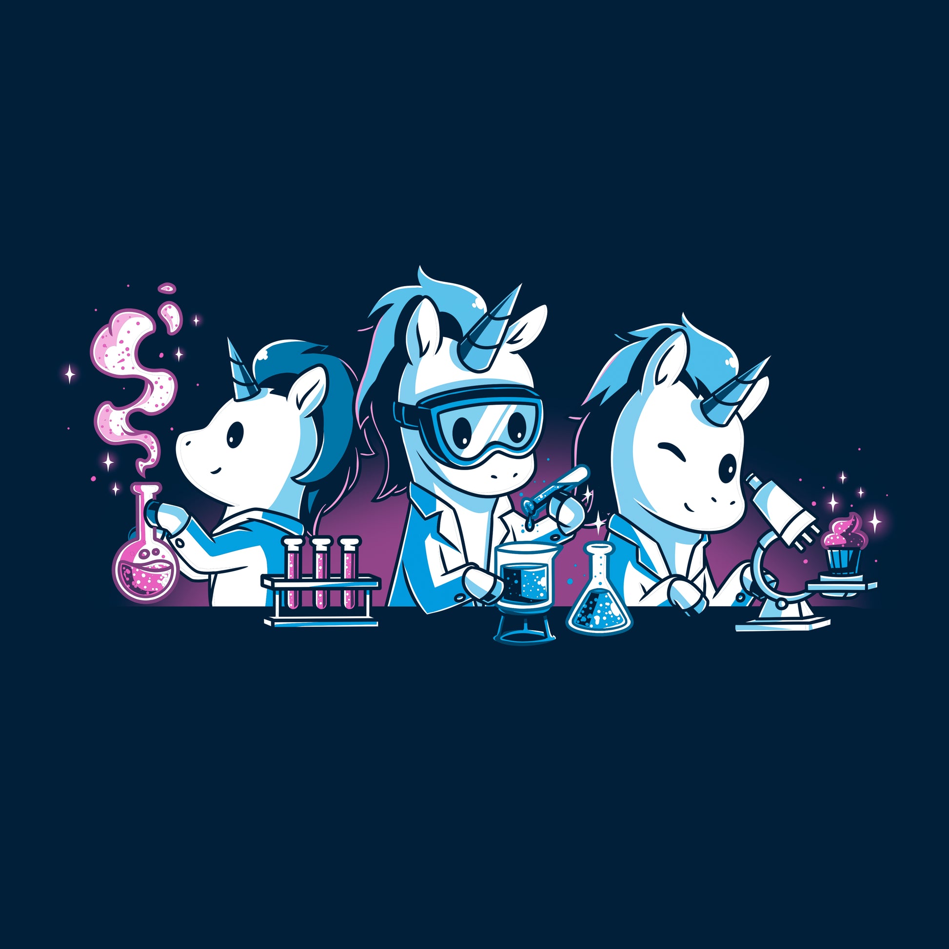 Classic Cotton T-shirt_TeeTurtle Unicorn Scientists navy blue t-shirt featuring three unicorns conducting science experiments with lab equipment with one handling test tubes, another looking into a microscope, and a third pouring chemicals into a flask with vapor.