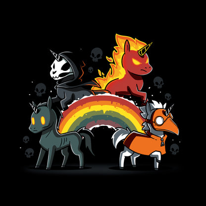 Classic Cotton T-shirt_Four Unicorns of the Apocalypse stand on and around a rainbow. One has a cloak and scythe, another is fiery, the third has glowing eyes, and the fourth wears a plague doctor mask. Skulls are in the background. This haunting scene is beautifully captured on a black ringspun cotton Four Unicorns of the Apocalypse monsterdigital apparel.