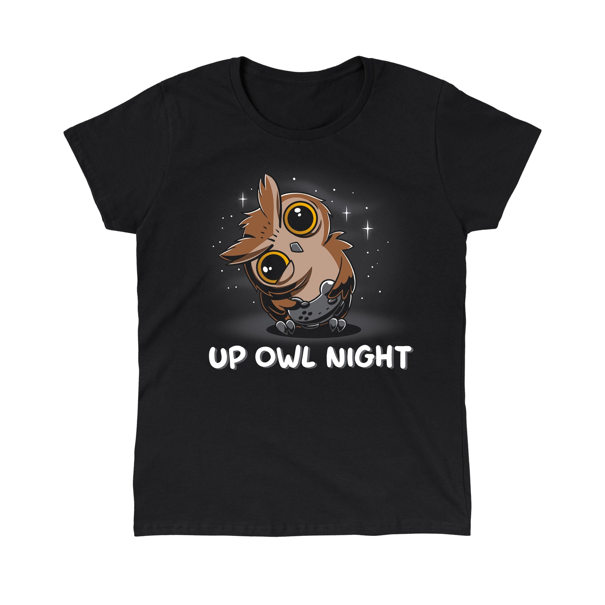 Classic Cotton T-shirt_TeeTurtle Up Owl Night black t-shirt featuring an owl with large eyes holding a video game controller.