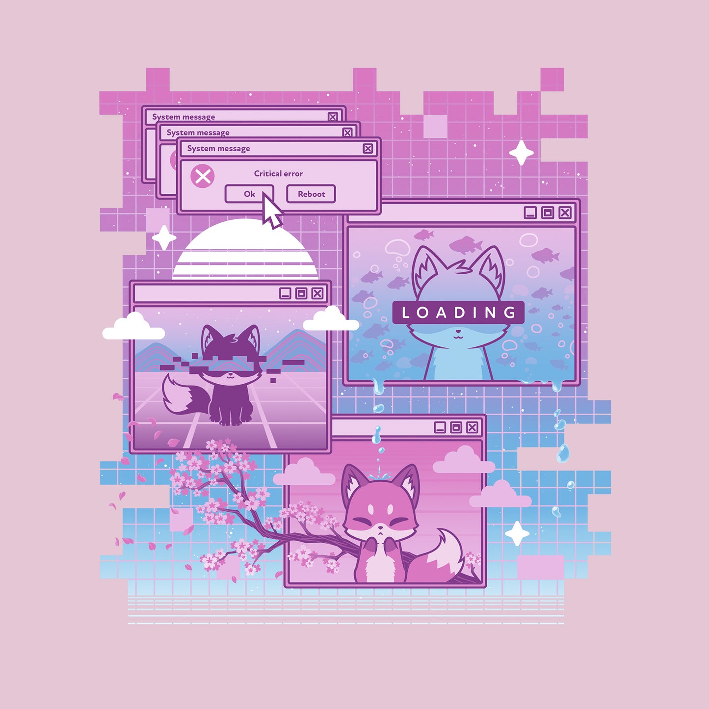 Classic Cotton T-shirt_TeeTurtle light pink Vaporwave Fox apparel featuring a pixelated computer screen with 3 windows open with foxes on them and multiple critical error system messages.