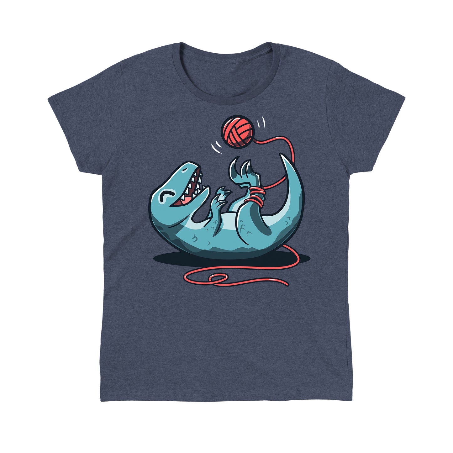 Classic Cotton T-shirt_TeeTurtle Velocikitty Heather Navy t-shirt featuring an illustration of a velociraptor laying on its back, entangled in red yarn, playing happily with a ball of yarn above it in the air.