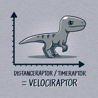 Classic Cotton T-shirt_TeeTurtle Velociraptor heather gray t-shirt featuring a velociraptor positioned above a graph with the y-axis labeled 'Distanceraptor' and the x-axis labeled 'Timeraptor,' suggesting the equation 'Distanceraptor / Timeraptor = Velociraptor.'