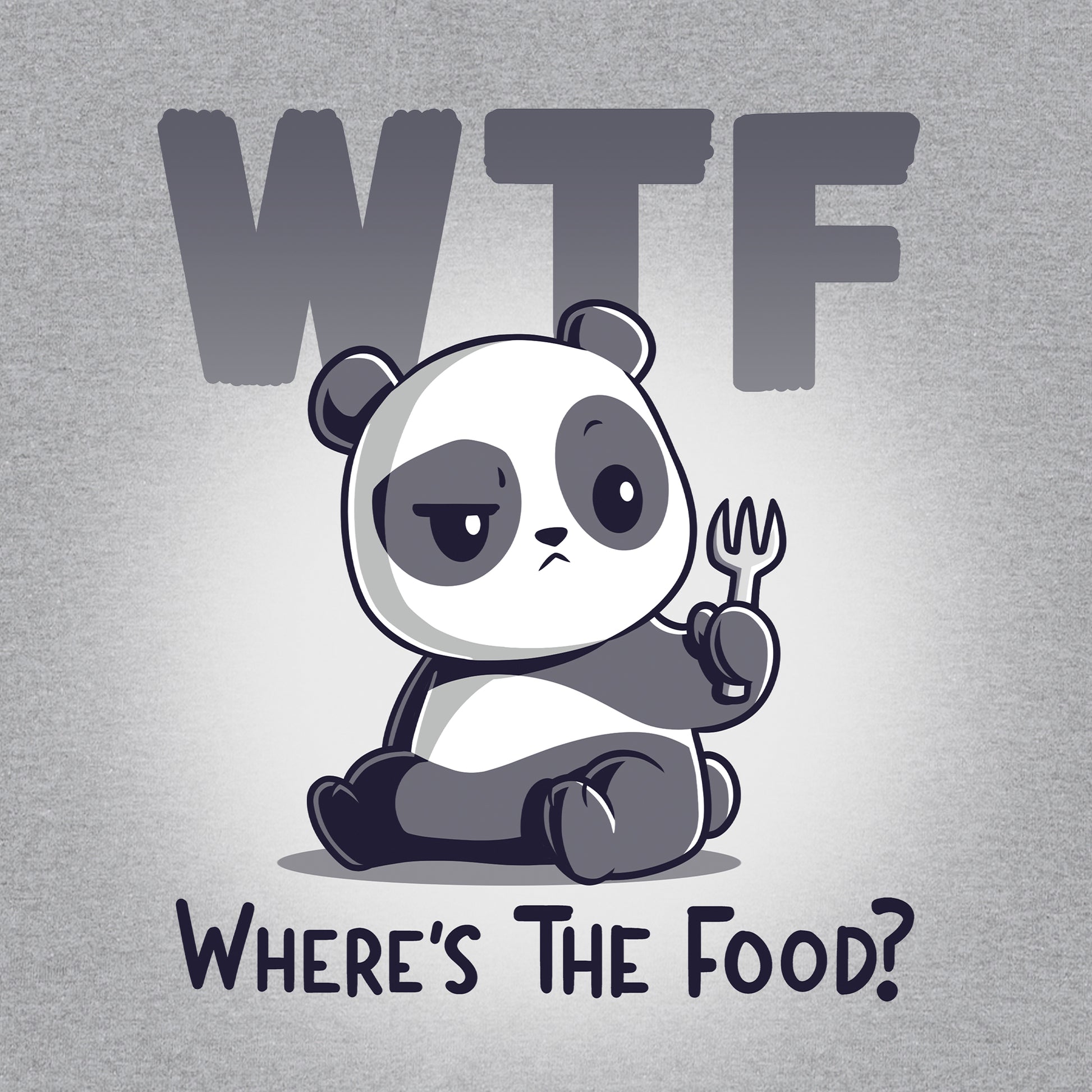 Classic Cotton T-shirt_TeeTurtle WTF heather gray t-shirt featuring a sad panda sitting and holding a food fork looking confused, with the text "WTF" in large letters above, and the explanation "Where's The Food?" in smaller letters below the panda. 