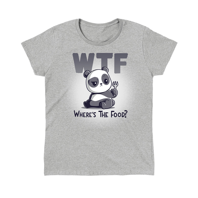 Classic Cotton T-shirt_TeeTurtle WTF heather gray t-shirt featuring a sad panda sitting and holding a food fork looking confused, with the text "WTF" in large letters above, and the explanation "Where's The Food?" in smaller letters below the panda. 