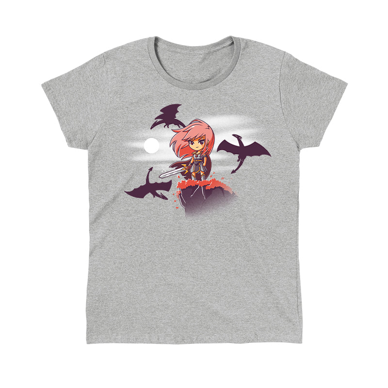 Classic Cotton T-shirt_TeeTurtle Warrior Princess Heather Gray t-shirt featuring an illustration of a pink-haired warrior princess in armor standing on a cliff with a sword, surrounded by flying dragons under a moonlit sky.